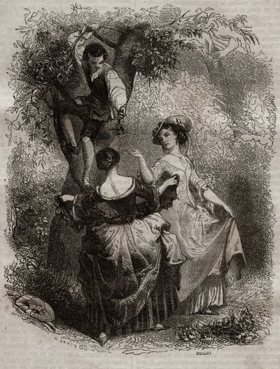Plocka körsbär - Illustration för bekännelser” av Jean-Jacques (Jean Jacques) Rousseau (1712-1778) - gravyr av 1849 av Unknown artist