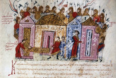 Varangians (Varangian) väpnade gardet (danska och svenska vikingar, som reste genom hela flodsystemet i de östra territorierna och byggde fort, ända till Kaspiska havet och därmed lade grunden till det som skulle bli den statliga ryska) Miniatyr hämtad frå av Unknown artist