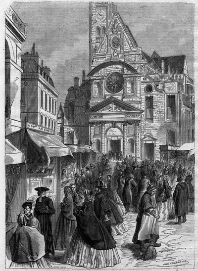 Novenan i Saint Genevieve vid Saint Etienne du Mont (Saint-Etienne-du-Mont) i Paris - Gravyr i "" Le Journal Illustrée"" av Unknown artist