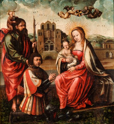 ""Jungfrun av Christopher Columbus"" (Jungfrun från Cristobal Colon) Jungfru och barn med Christopher Columbus och Saint Christopher Anonym målning 1540 - Olja på trä Dim 52x48 cm Museo Lazaro Galdiano, Madrid av Unknown artist