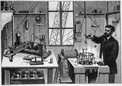 Laboratorium av Gustave Eiffel på den andra plattformen av tornet - gravyr av Unknown artist