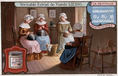 Spetsverkstad, Valenciennes, Liebig-reklam v. 1895 av Unknown artist