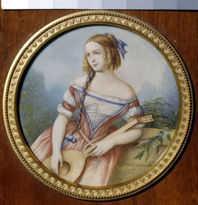 Den ryska skådespelerskan Varvara Asenkova (1817-1841), i rollen som Esmeralda hämtad från ""Notre Dame de Paris"" av Victor Hugo (1802-1885). (Ryska skådespelerskan Varvara Asenkova som Esmeralda). Anonymt verk, akvarell på papper av Unknown artist