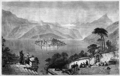 Lake Orta (Lake Cusio) (mitt på ön San Giulio (Saint Jules) i provinsen Novara i Italien. Gravyr från 1865. av Unknown artist