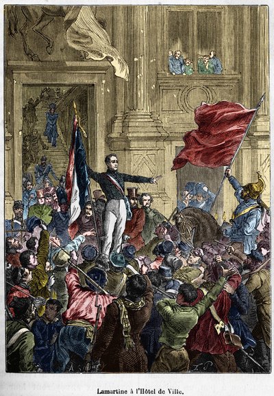 Lamartine (1790 - 1869), vägrar den röda flaggan för den trefärgade flaggan, vid rådhuset. Paris den 26 februari 1848. Bianchetti-samlingen. av Unknown artist