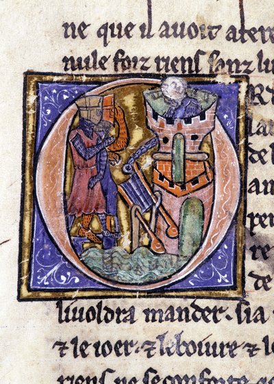 Lancelot på toppen av ett torn. Manuskript: Erövringen av Saint Gréal, skrivet 717 år efter vår herres passion. Bibliotheque Municipale de Rennes, ms. 255 (Samling av romaner av det runda bordet); Paris av Unknown artist