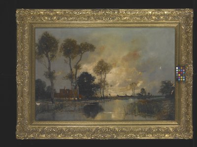 Landskap med stuga och bäck (olja på duk) av Unknown artist