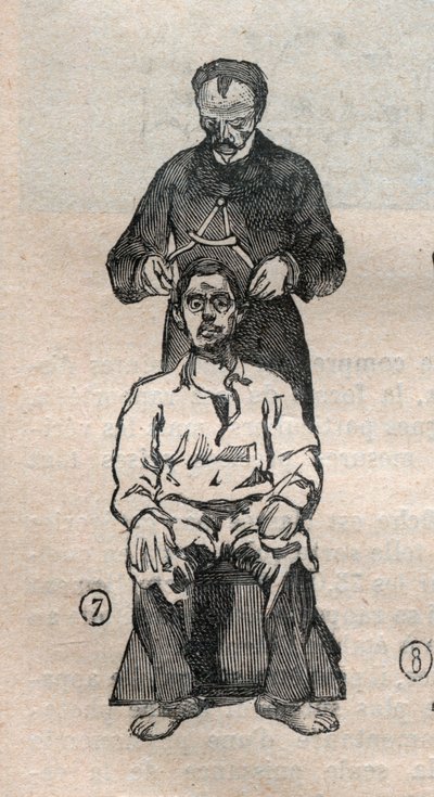 Rättslig antropometri eller bertillonnage, metod av Alphonse Bertillon (1853-1914): mätning av den tvärgående diametern på skallen - Gravyr i "" La Science francaise" av Unknown artist