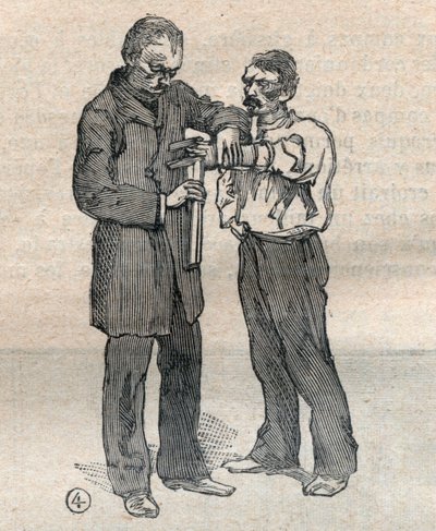 Rättslig antropometri eller bertillonnage, metod av Alphonse Bertillon (1853-1914): mätning av långfingret och vänster ringfinger - Gravyr i "" La Science francaise" av Unknown artist
