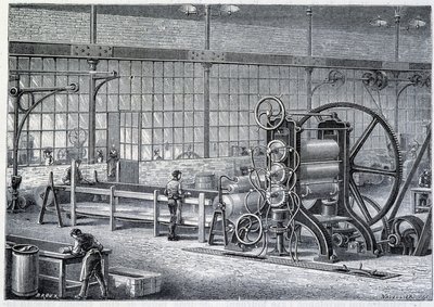 Stort valsverk för att reducera block av renat gummi till ark - i "" The wonders of the industry"" av Louis Figuier av Unknown artist