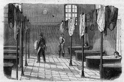 Sainte Anne (Sainte-Anne) asyl i Paris: badrummet - gravering i ""Le Journal Illustrée"" av Unknown artist