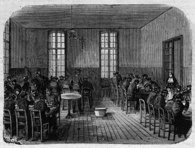 Sainte Anne (Sainte-Anne) asyl i Paris: matsalen - Gravyr i ""Le Journal Illustrée"" av Unknown artist