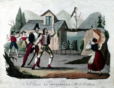 Sista scenen i akt II av "La somnambule (La sonnanbula") av Vincenzo Bellini. Gravyr från 1835. av Unknown artist