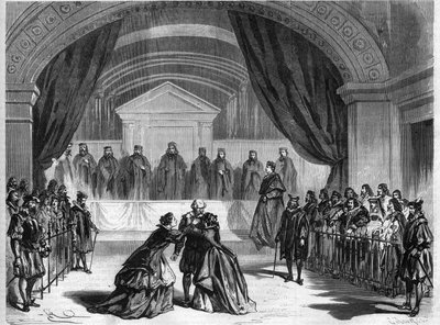 Sista etappen av teaterstycket "" Galilee", ett treakters drama av Francois Ponsard, en fransk poet och dramatiker (1814-1867) spelar på den franska komedieteatern i Paris. Gravyr i "" L
