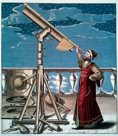 Astronomen: en man tittar på stjärnorna i den astronomiska ramen - Engraving du 17eme century - Paris, B.N. - Astronom: En man tittar på stjärnorna i teleskopet - Gravyr av Unknown artist
