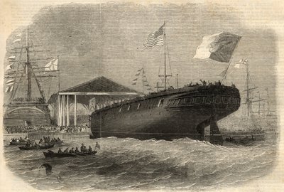 Lansering av den portugisiska korvetten "Sagres"" i Limehouse (London). Gravyr i "" The Illustrated London News"" av 5 juni av Unknown artist