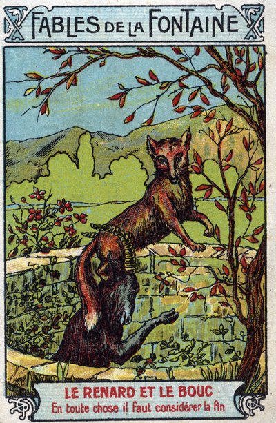 Le Fox et le Bouc - Fables av Jean de La Fontaine (1621-95) - Kromolitografi från slutet av 1800-talets privata samling av Unknown artist