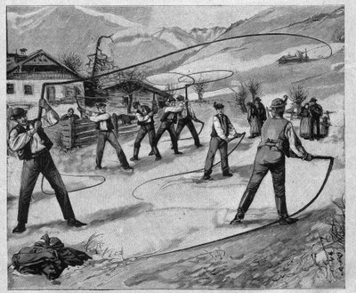 Le claqueurs du salzkammergut - salzkammergut: Flera söndagar efter nyår knäcker de unga männen i Salzburg (Österrike) piskor för att väcka naturen ur sin vintersömn - gravyr 1897 av Unknown artist
