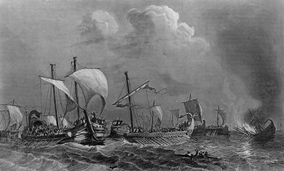 Kampen i Salamis och Xerces nederlag, 500-talet. i "Allmän historia av marinen" under ledning av Mr. Van Tenac av Unknown artist