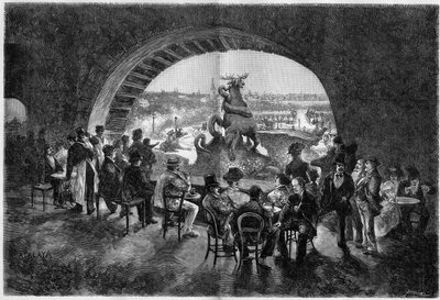 Undersidan av vattenfallet i Trocadero-trädgården under den stora värmen i Paris dit parisiska vandrare kommer för att sitta i kylan. Gravyr i ""The Illustrious World"" av Unknown artist
