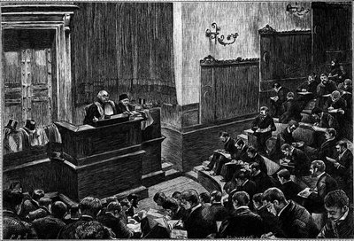 Paris Law Schools stora amfiteater, gravering i "Le journal de" La jeunesse" av Unknown artist