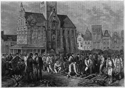 Arbetslöshetsmarknaden, i Hoorn, Holland. Gravyr i "The Journal of Youth" av Unknown artist