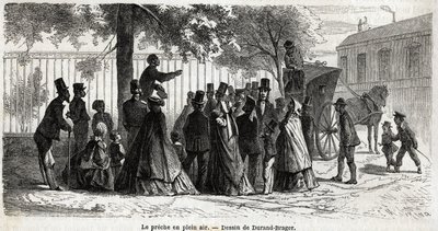 Le preche en plein air, i London, teckning av Durand Brager, för att illustrera En utflykt till Londons fattiga stadsdelar, 1862, av L.Simonin. Gravyr i "" Le tour du monde"", redigerad av Edouard Charton av Unknown artist