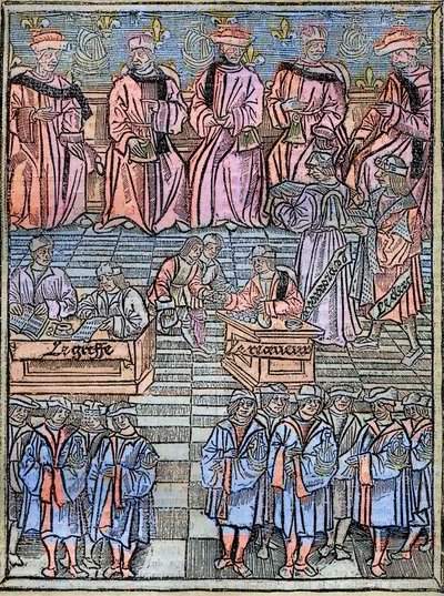 Le prevot des marchands et les echevins de Paris au 1500-talsgravyr efter originalet från 1528 - Provost för köpmän och rådmän i Paris, scen för skatteuppbörd, titelsida från 