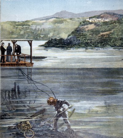 Dykaren Paolo Pardi arbetade på romerska båtar i Lake Nemi med Siebe-dykaren 1893. av Unknown artist