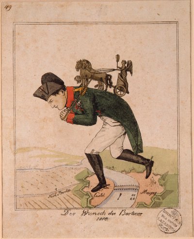 ""The wish of the Berliners"" (The Wish of the Berliners) Karikatyr som föreställer kejsar Napoleon I (1769-1821) bärande på sin rygg quadriga av Brandenburger Tor för att korsa Mainz under belägringen av fästningen Anonym karikatyr av Unknown artist