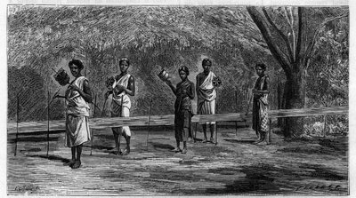 Vävning i Indien: förberedelse av varptrådarna (varpoperation) Gravyr av 1883. i "La Nature. Översyn av vetenskaper och deras tillämpningar för konst och industri.” av Unknown artist