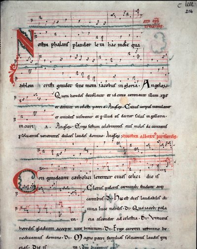 Broschyr av en pilgrimsguide med texter från pilgrimsfärden till Santiago de Compostela (Santiago de Compostella) Fol. 214 r. Från ett 1200-talsmanuskript. Arkiv för katedralen i Santiago de Compostela (Santiago de Compostela), Spanien av Unknown artist