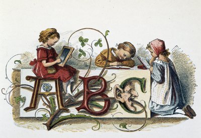 Barns läsning och skrivning - i "Barnspel"", red. London, George Ronthedge och söner, sent 1800-tal av Unknown artist