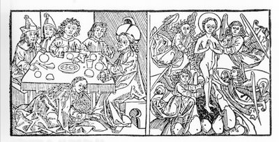 Till vänster: Sankta Maria Magdalena torkar Jesu fötter med håret. Till höger: Sankta Maria Magdalena stiger upp till himlen. Manuskript från 1488 tryckt i Nürnberg. Gravyr från "Leben der Heiligen - sommerteil" (Helgonets bok) av Jacobus (James) av Vora av Unknown artist