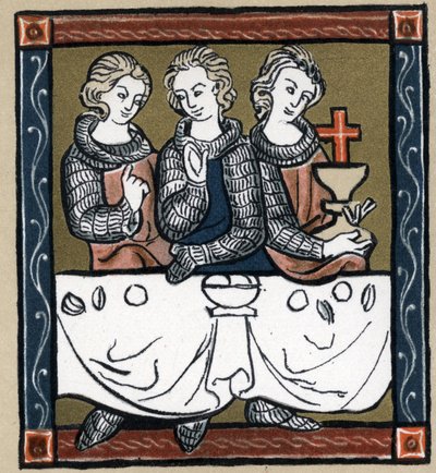 Legend Arthurian: Galahad (Gaalad eller Galaad), Perceval och Bohort (Bors eller Borrt) med den heliga gralen. I "History of French Literature" av Hermann Suchier av Unknown artist