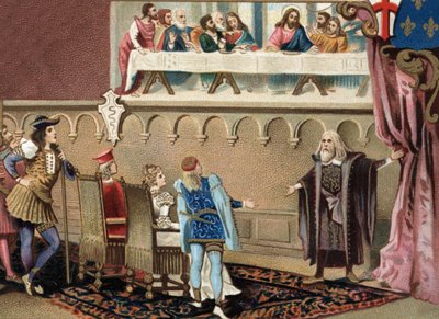 Leonard de Vinci (1452 - 1519) (Leonardo da Vinci) visar sin fresk "" The Holy Cene"" till Ludovic Sforza dit The More, hertig av Milano (Ludovico Sforza vid matsalen Santa Maria delle Gracie i Milano. av Unknown artist