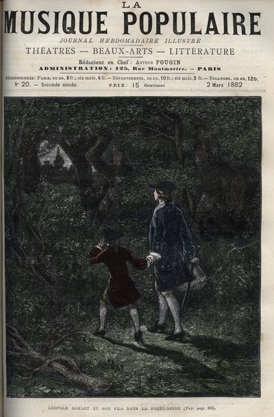 Leopold Mozart och hans son Wolfgang Amadeus i den svarta skogen - Leopold Mozart och hans son Wolfgang Amadeus i den svarta skogen i Tyskland - gravering i den berömda veckotidningen "" Popular music """ - 1882 av Unknown artist