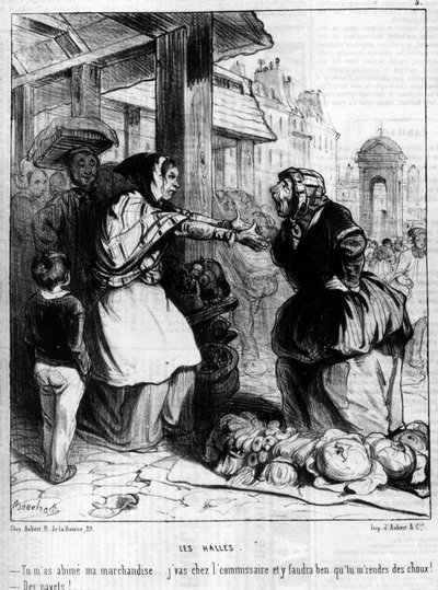 Les Halles - Marchandes grälar i Halles de Paris, -i "" Charivari"" av 14/10/1844. av Unknown artist