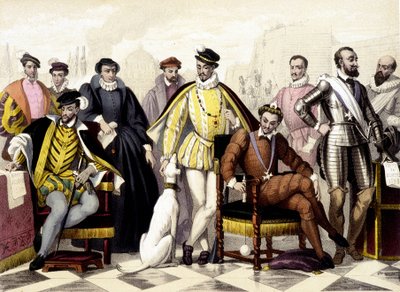 Les Valois - Från 1547 till 1589. Henrik II, Catherine de Medici (Caterina de Medici), Karl IX, Henrik III, Henrik IV. Gravyr av 1800-talet. av Unknown artist