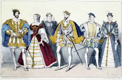 Les Valois: Francois I (1494-1547) och Claude de France (1499-1524), Catherine de Medicis (1519-1589) och Henri II (1519-1559), Francois II (1544-1560) och Marie Stuart (1542- 1587) - Planche extraherad från kungar och drottningar av Frankrike i tryck, Par av Unknown artist