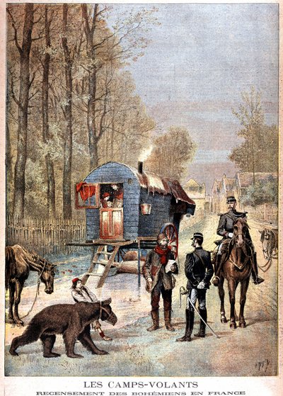 De flygande lägren: Folkräkning av bohemer i Frankrike (Roulotte, bohemer och gendarmer) - i "" Le petit journal"" av 1895-05-05 av Unknown artist