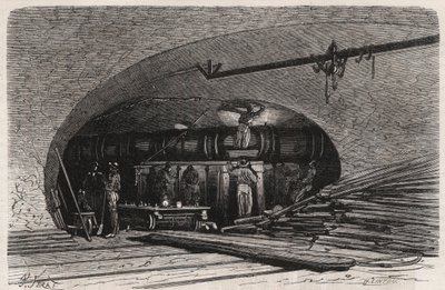Paris avloppsledningar: böjning av röret nära Saint Michel-bron (Saint-Michel), place du Chatelet - Gravyr i "" Le Monde Illustré"" av Unknown artist