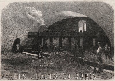 Paris avloppsledningar: den stora kammaren och smidesverkstäderna Notre Dame-bron (Notre-Dame) - Gravyr i ""Le Monde Illustré"" av Unknown artist