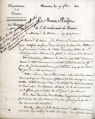 Brev från underprefekten i Creuse (arrondissementet Boussac) till borgmästaren i Gouzon, 9 september 1822 av Unknown artist