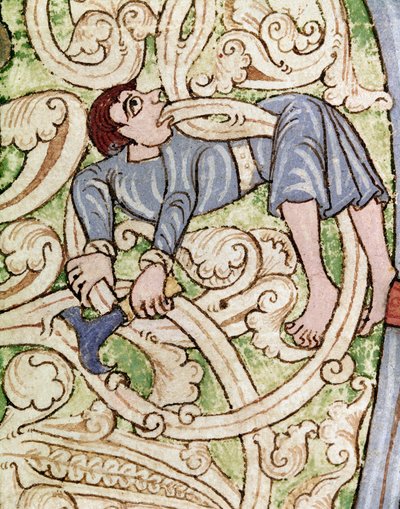Lettrine C decoree av representationen av en träman. Miniatyr från en bibel (gamla testamentet) (Ms 3088) Coimbra från 1100-talet, universitetsbiblioteket av Unknown artist