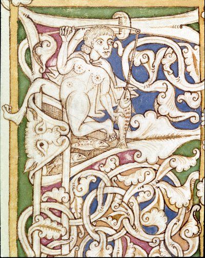 Lettrine P dekoree av representationen av en kvinna som fiskar en fisk. Miniatyr från en bibel (Gamla testamentet) (Ms 3088) Coimbra från 1100-talet, Universitetsbiblioteket av Unknown artist