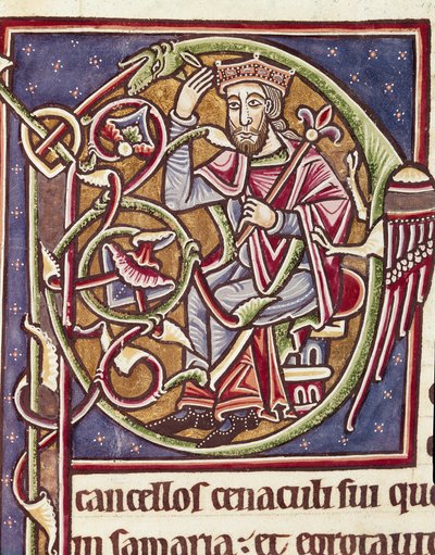 Lettrine P dekorerad av representationen av kungen av landet Moab Miniatyr från en bibel (Ms 3088) Coimbra från 1100-talet, universitetets bibliotheque av Unknown artist
