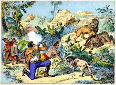 Lejonjakt i södra Afrika. 1800-talsgravyr. av Unknown artist
