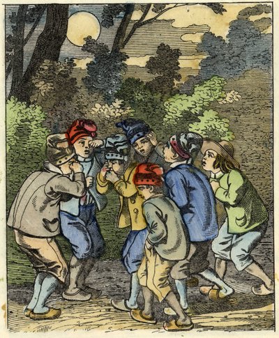 Little Poucet och hans bröder Lost in the Forest. Illustration av berättelsen "" Le Petit Poucet"" av Charles Perrault av Unknown artist