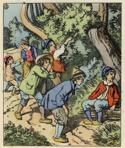 Lille Poucet och hans bröder förlorade i skogen som övergavs av sina föräldrar. Illustration av berättelsen "" Le Pepetit Poucet"" av Charles Perrault av Unknown artist